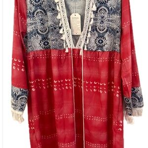 Red and Blue Bohemian Swim Cover -Up with tassel detail NWT